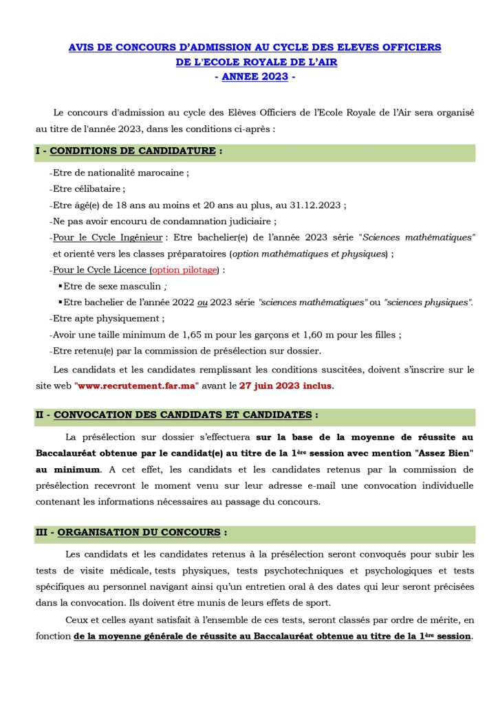 l'annonce du concours d'admission au cycle des élèves officiers de l'École Royale de l'Air